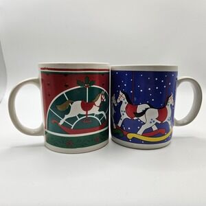 Vintage Set of 2 Christmas Coffee Mugs Rocking Horse Holiday SEE‎ DESCRIPTION